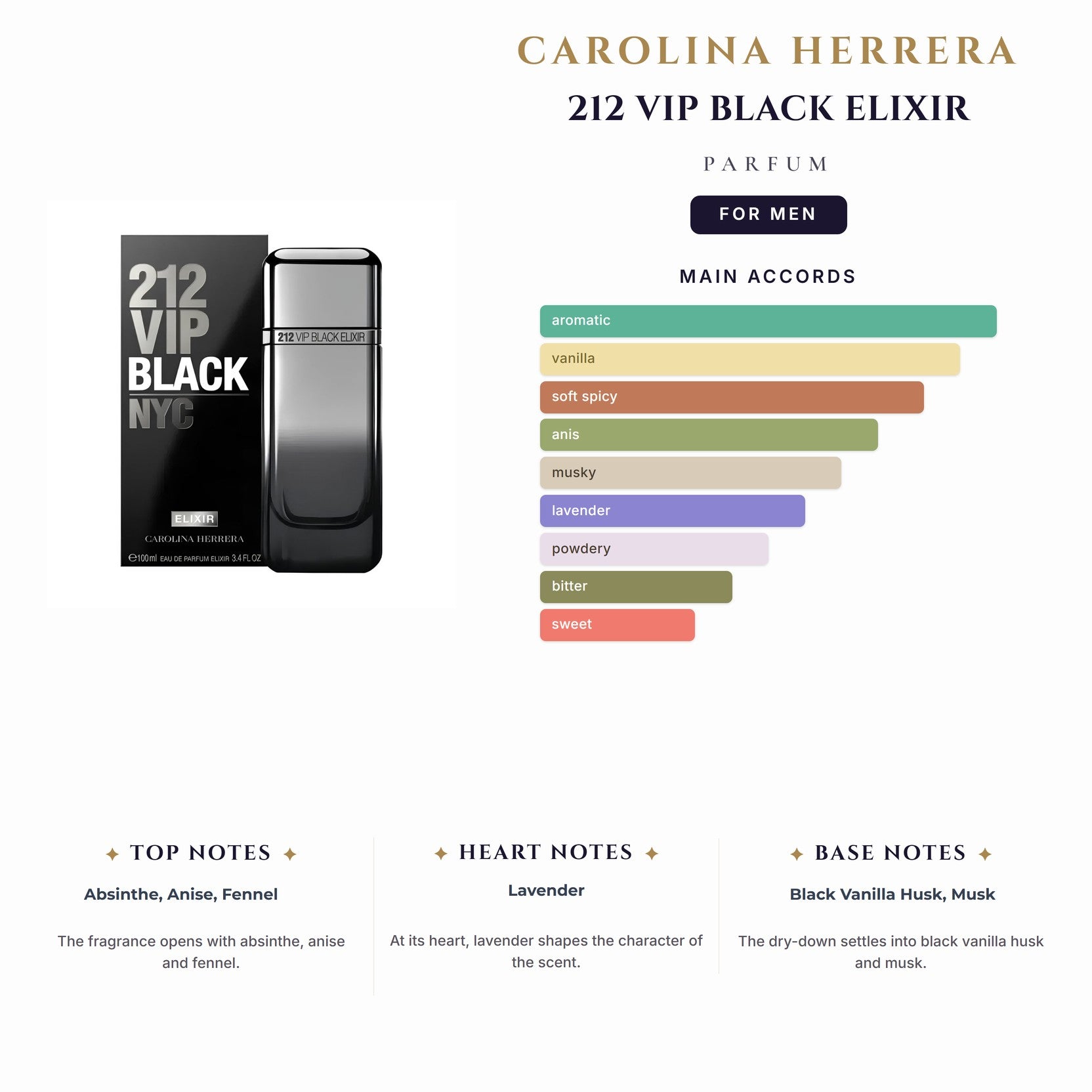 C. Herrera 212 Vip Black Elixir 3.4oz Parfum Spray for Men