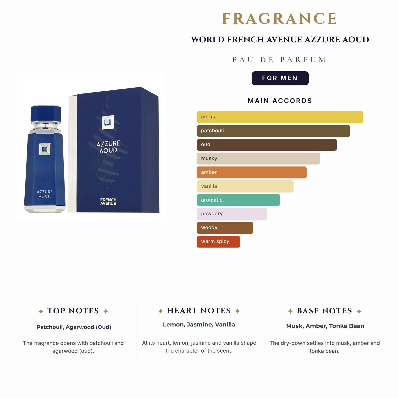 Fragrance World French Avenue Azzure Aoud 3.4oz EDP Spray for Men