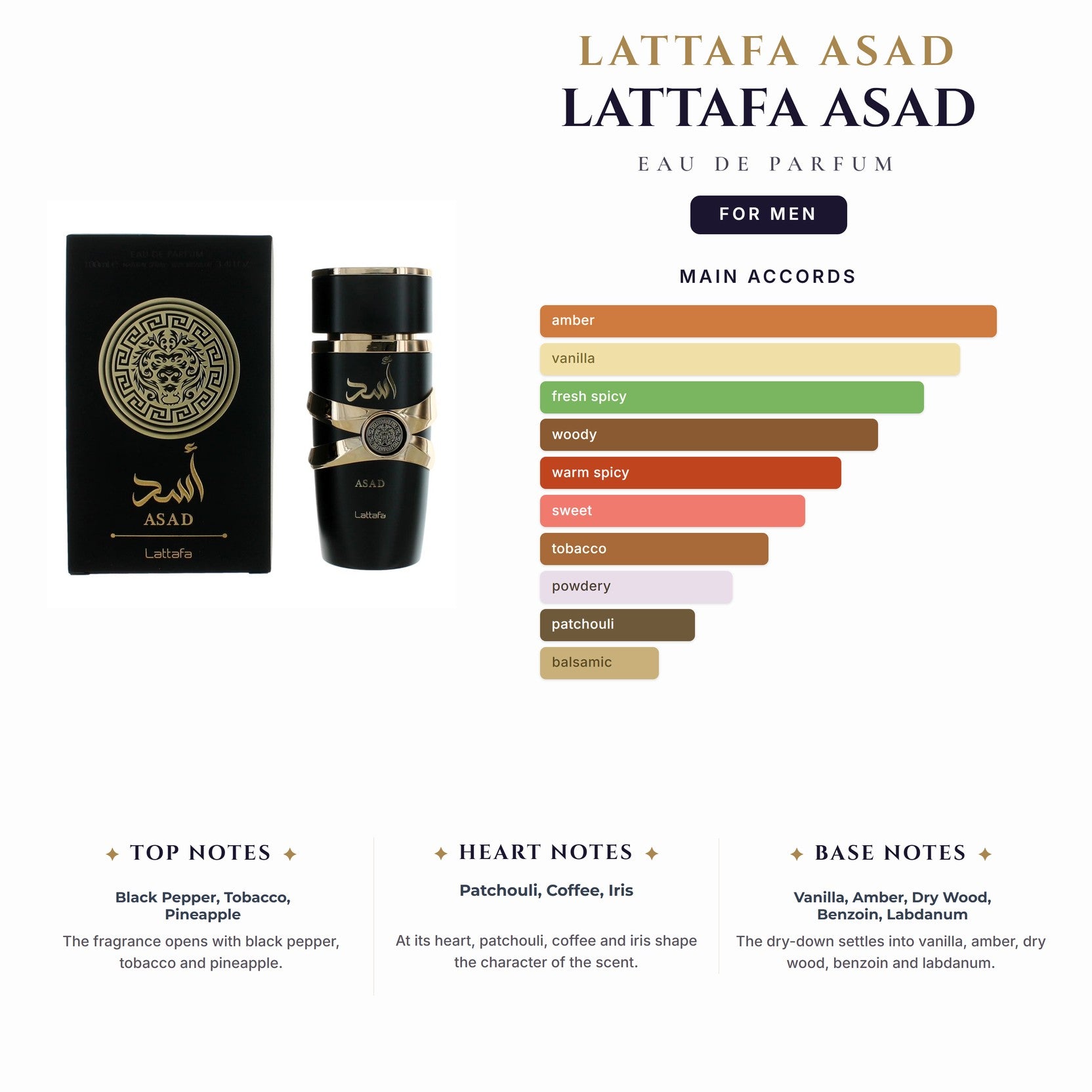 Lattafa Asad 3.4oz EDP Spray (Like Dior Sauvage Elixir) for Men