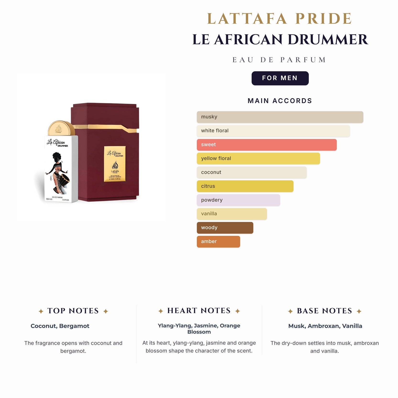 Lattafa Pride Le African Drummer 3.4oz EDP Spray (Like Tom Ford Soleil Blanc) for Men