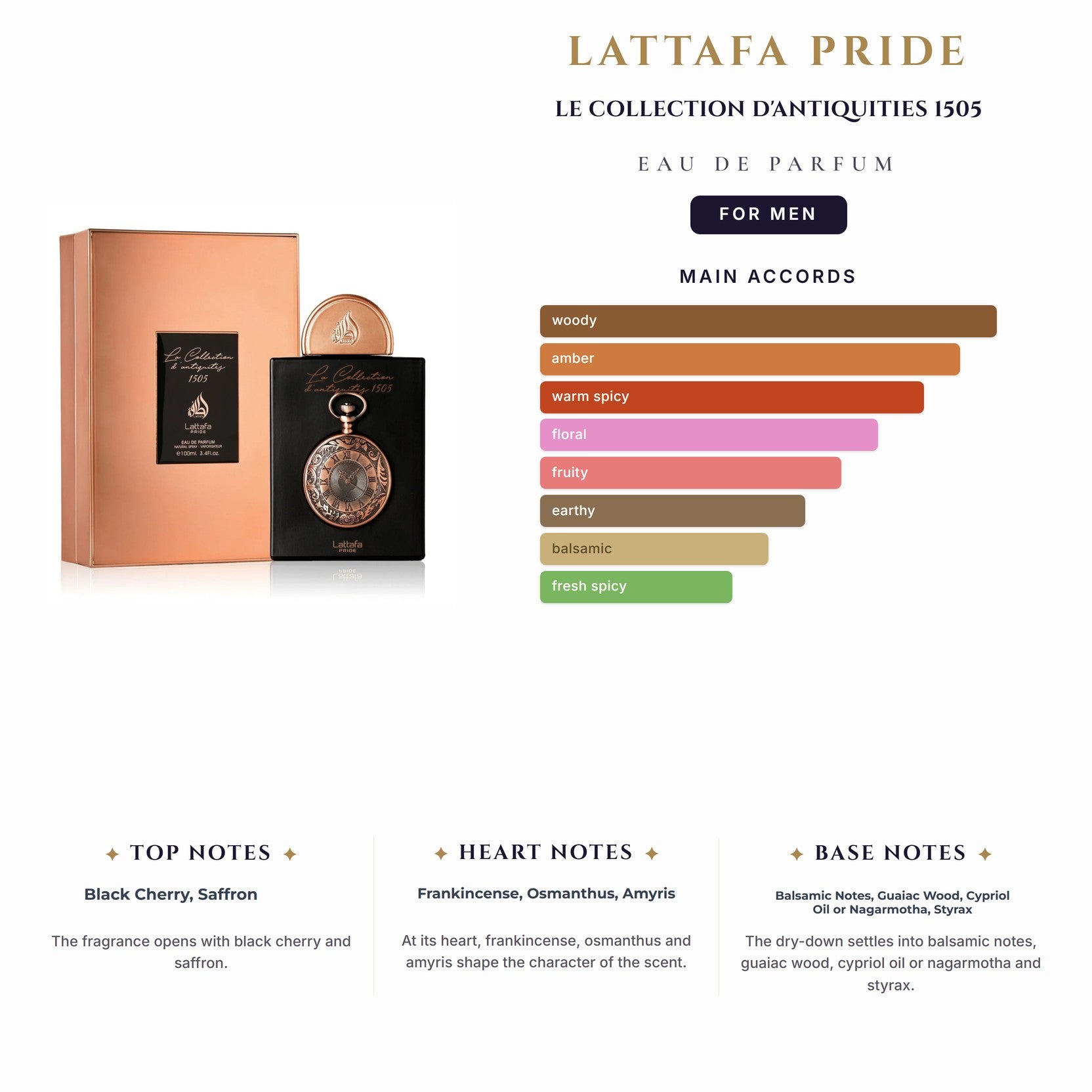 Lattafa Pride Le Collection D'Antiquities 1505 3.4oz EDP Spray (Like Tom Ford Cherry Smoke) for Men