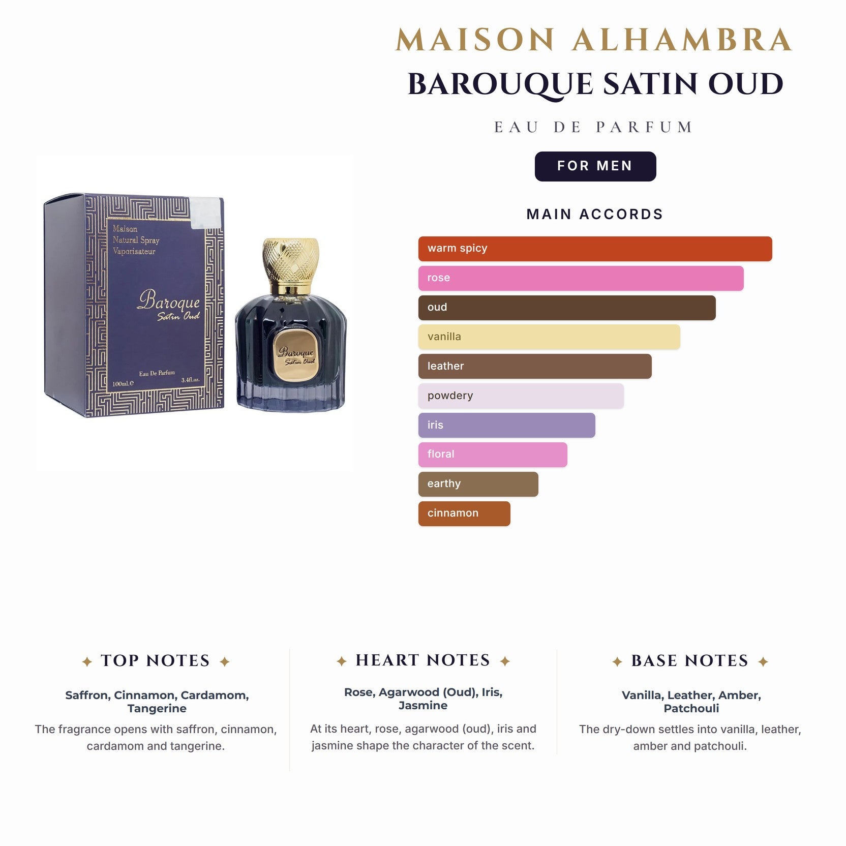 Maison Alhambra Barouque Satin Oud 3.4oz EDP Spray for Men