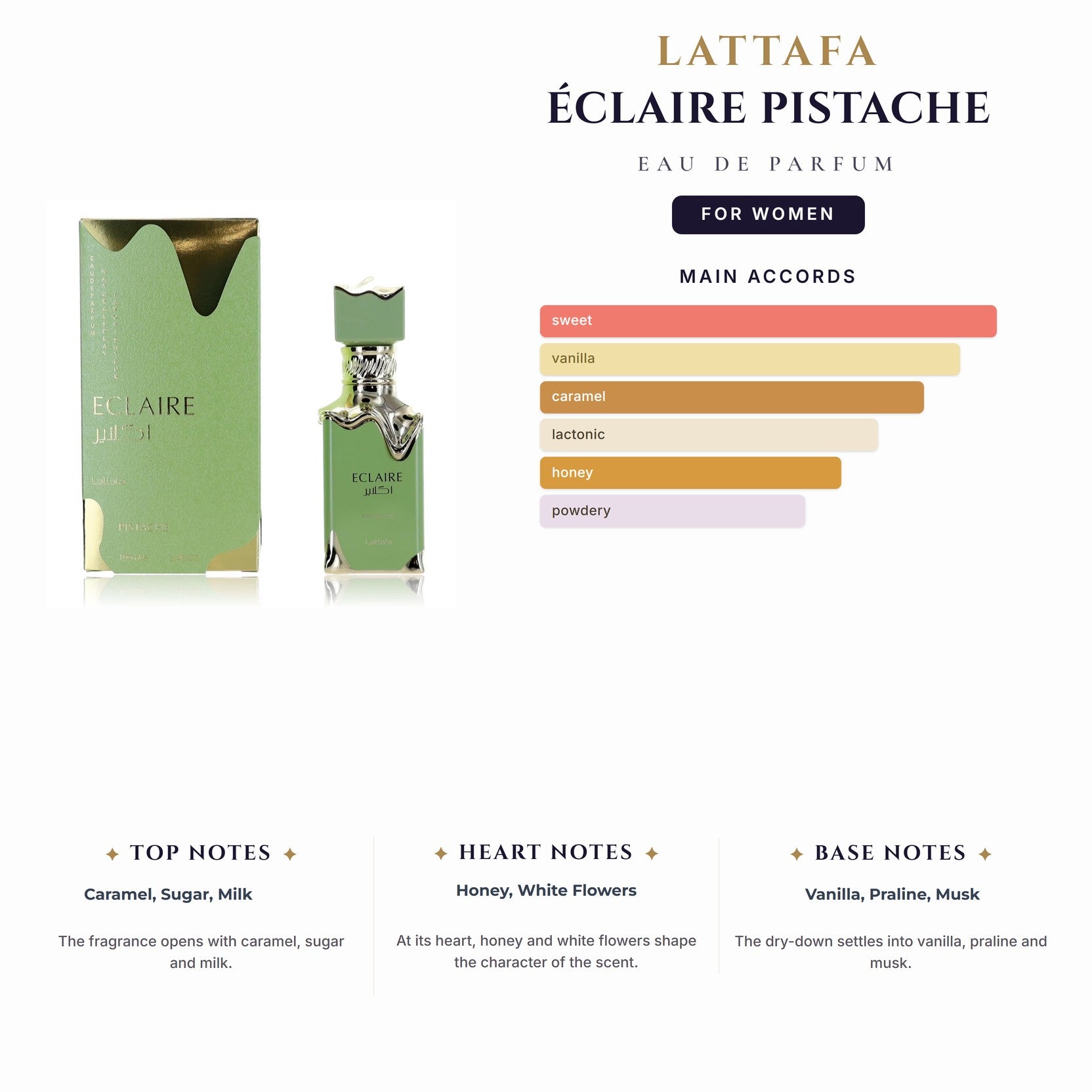 Lattafa Éclaire Pistache 3.4oz EDP Spray for Women