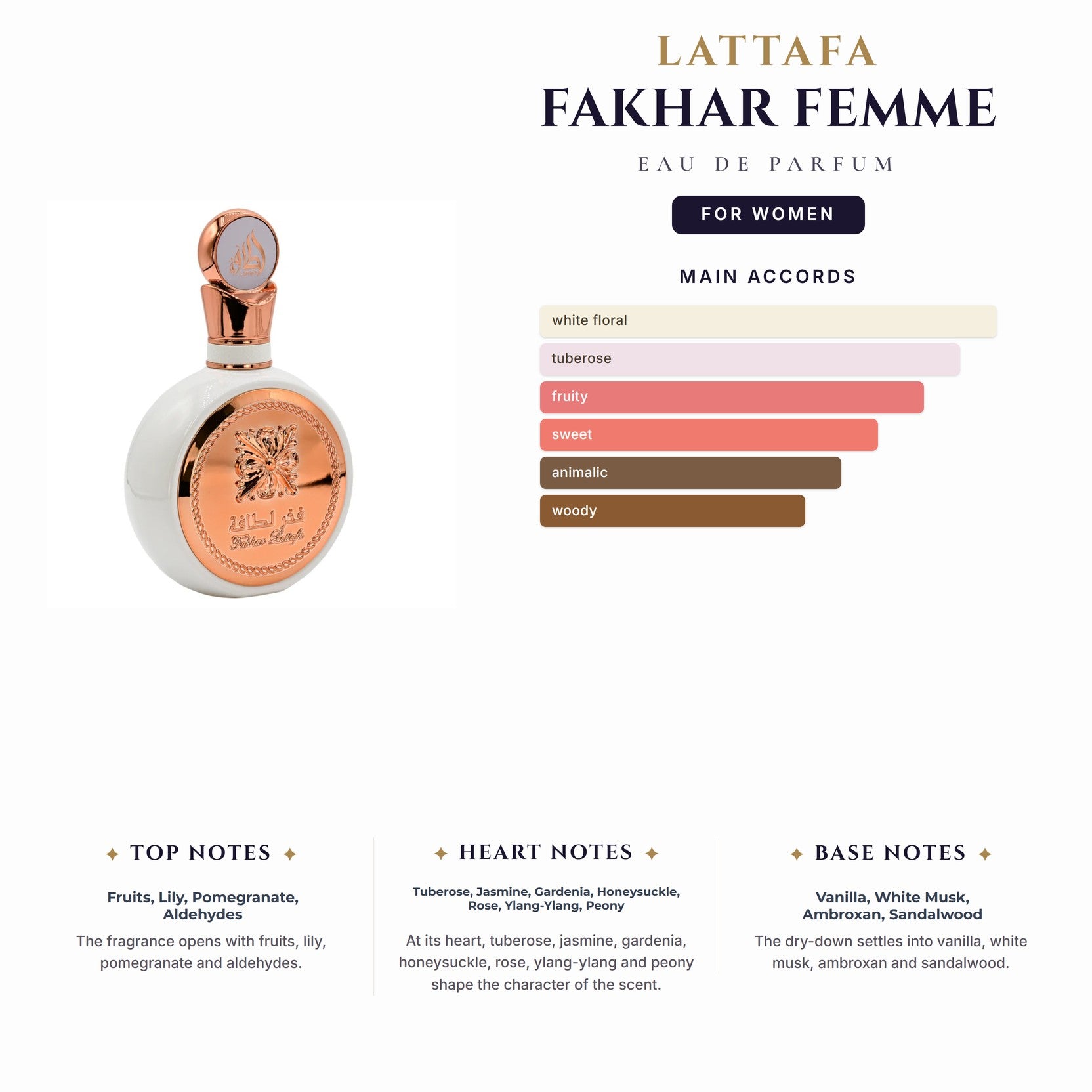 Lattafa Fakhar Femme 3.4oz EDP Spray (White/Rose Gold Box) for Women