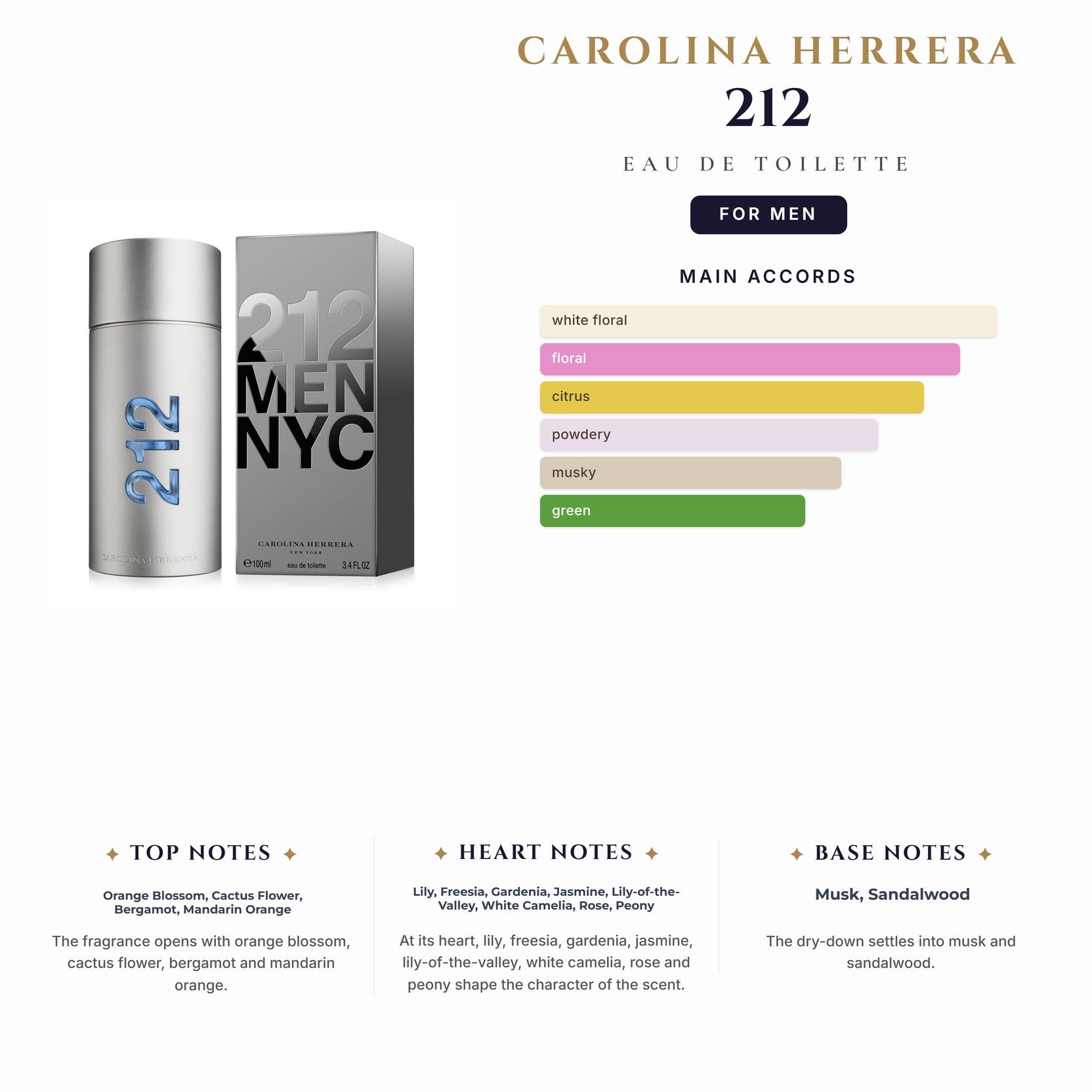 Tst C.Herrera 212 3.4oz EDT Spray for Men