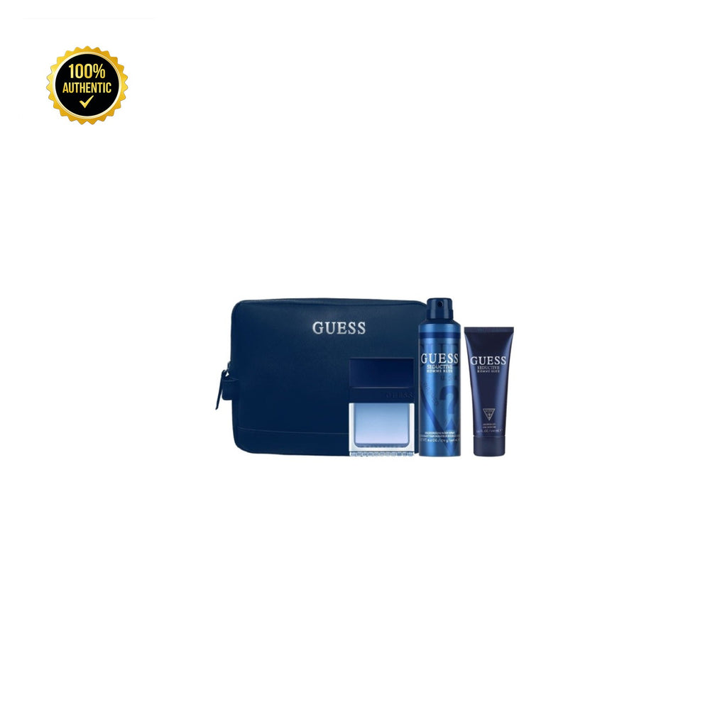 Set M- Guess Seductive Blue 4Pc (3.4oz EDT + 6.0 Deo Spy + 3.4Sg + Pouch)