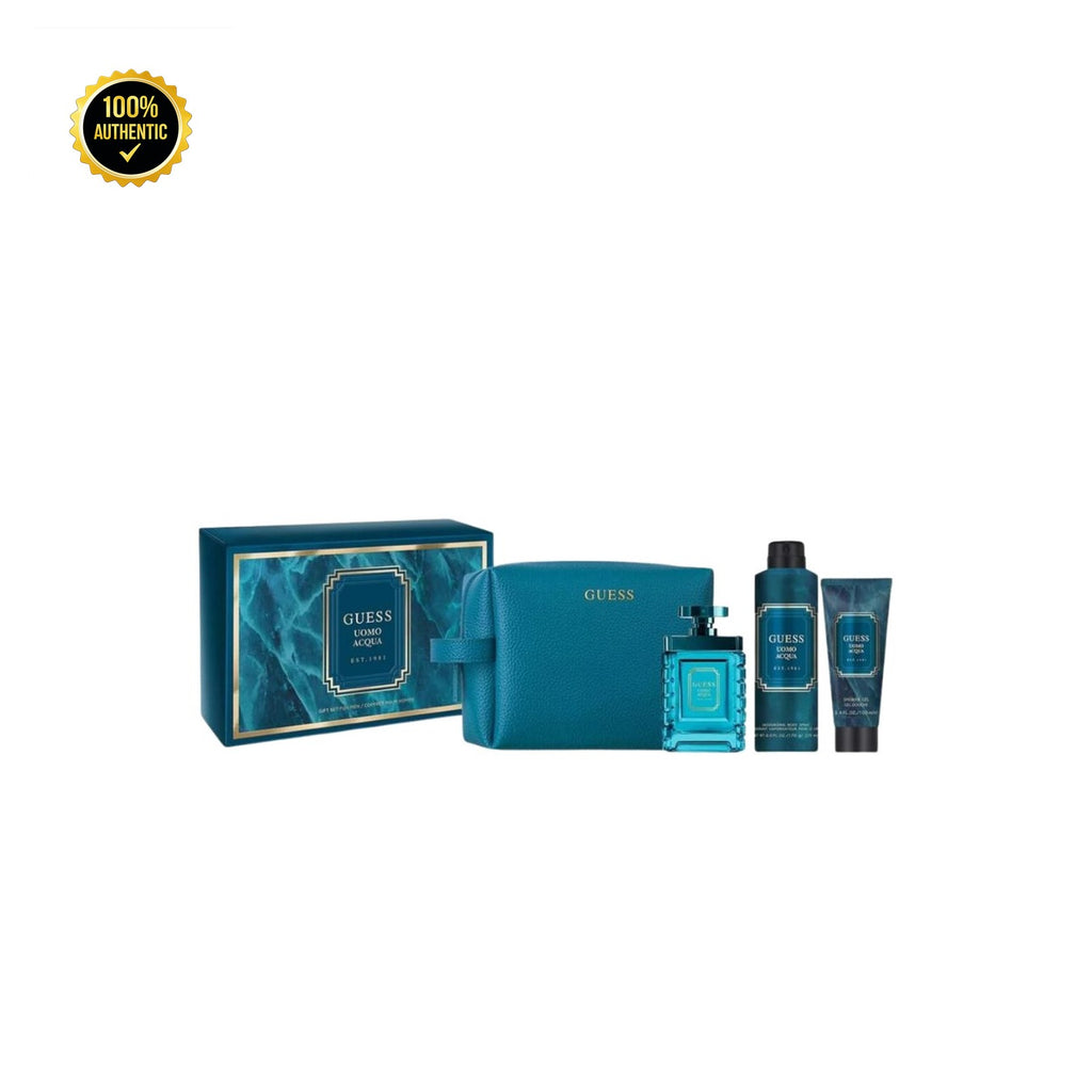 Set M- Guess Uomo Aqua 4Pc (3.4oz EDT + 3.4oz Sg +6.0oz Deo Spy +Pouch)