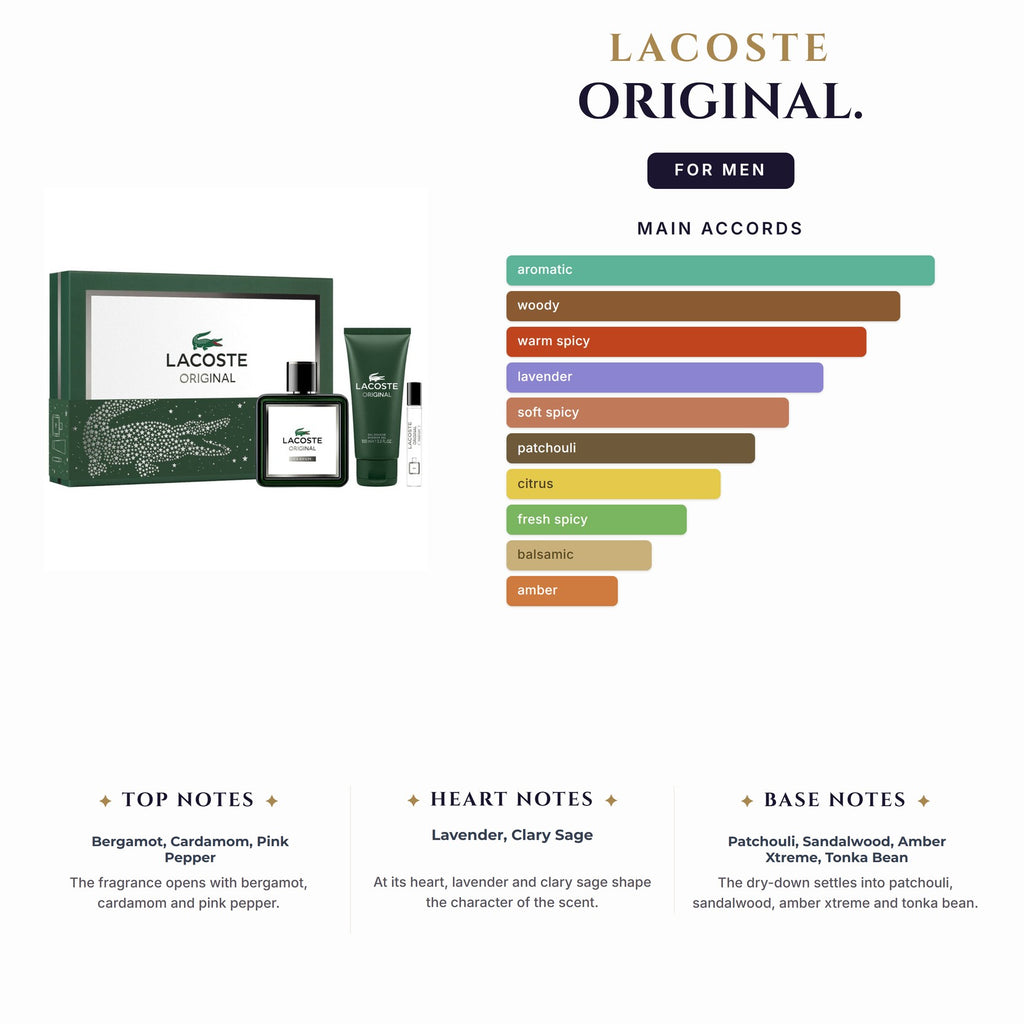 Set M- Lacoste Original 3Pc. (3.3oz EDP  + 3.3oz S/Gel 0.25oz EDP Spy)