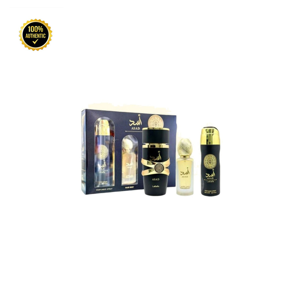 Set M- Lattafa Asad 3Pc (3.4oz EDP + 1.7oz Hair Mist + 6.7 oz Bs)