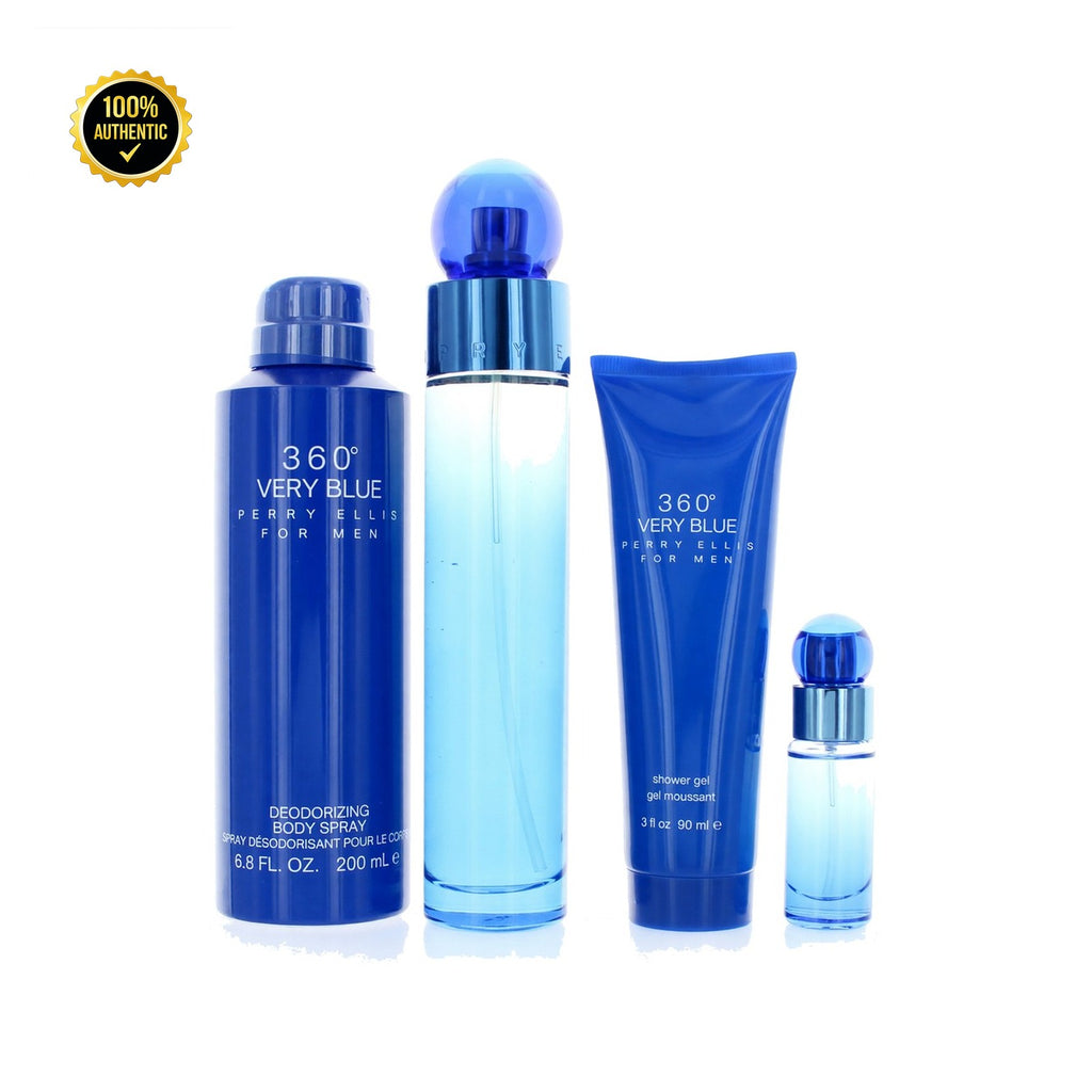 Set M- Perry Ellis 360 Very Blue 4Pc (3.4oz EDT +6.0 Deo Spy+3.4Sg+0.25 Mini)