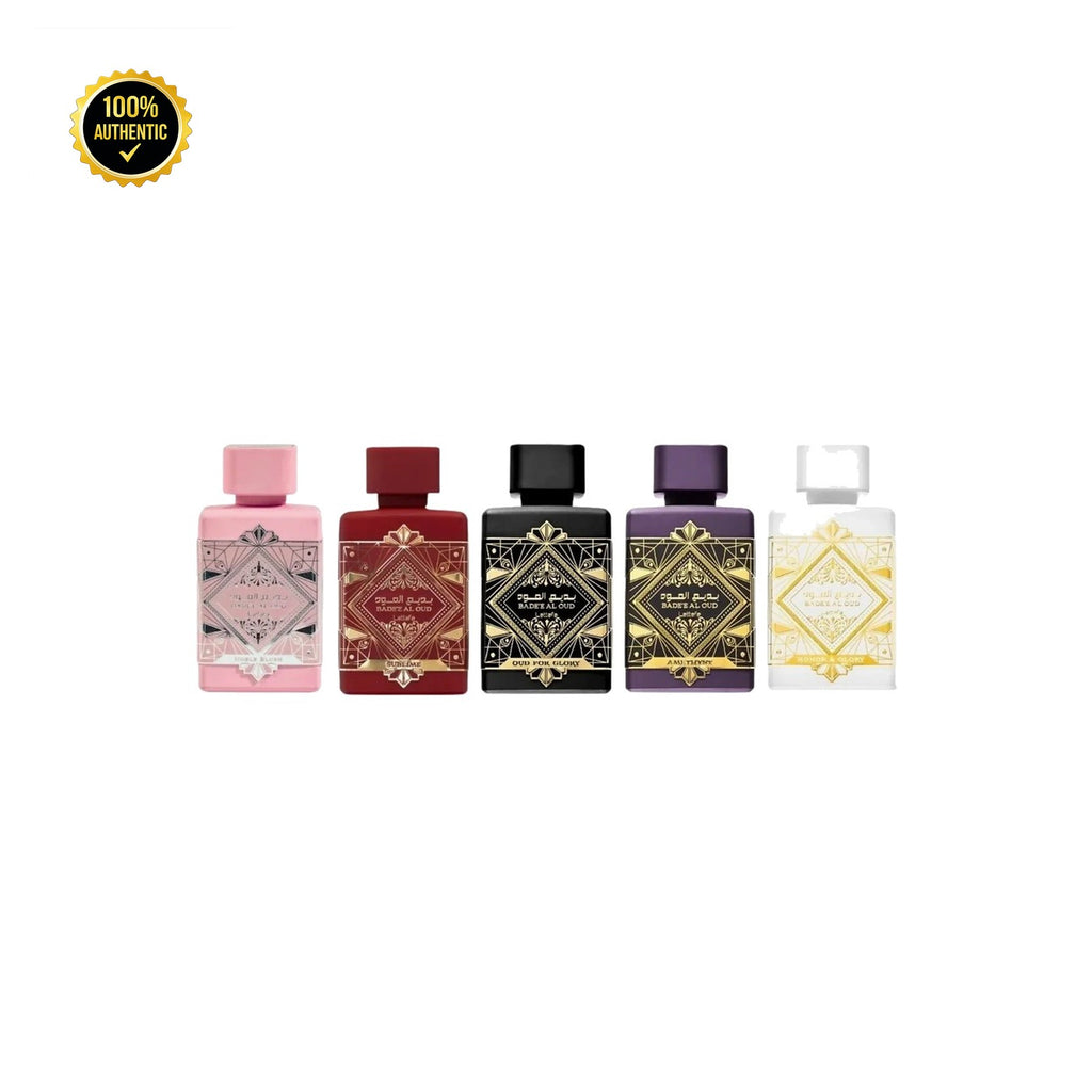Set W Lattafa Badee Al Oud Collection 5 X 5Ml Minis (Glory+Honor & Glory+Sublime+Amethyste+Noble Blush)