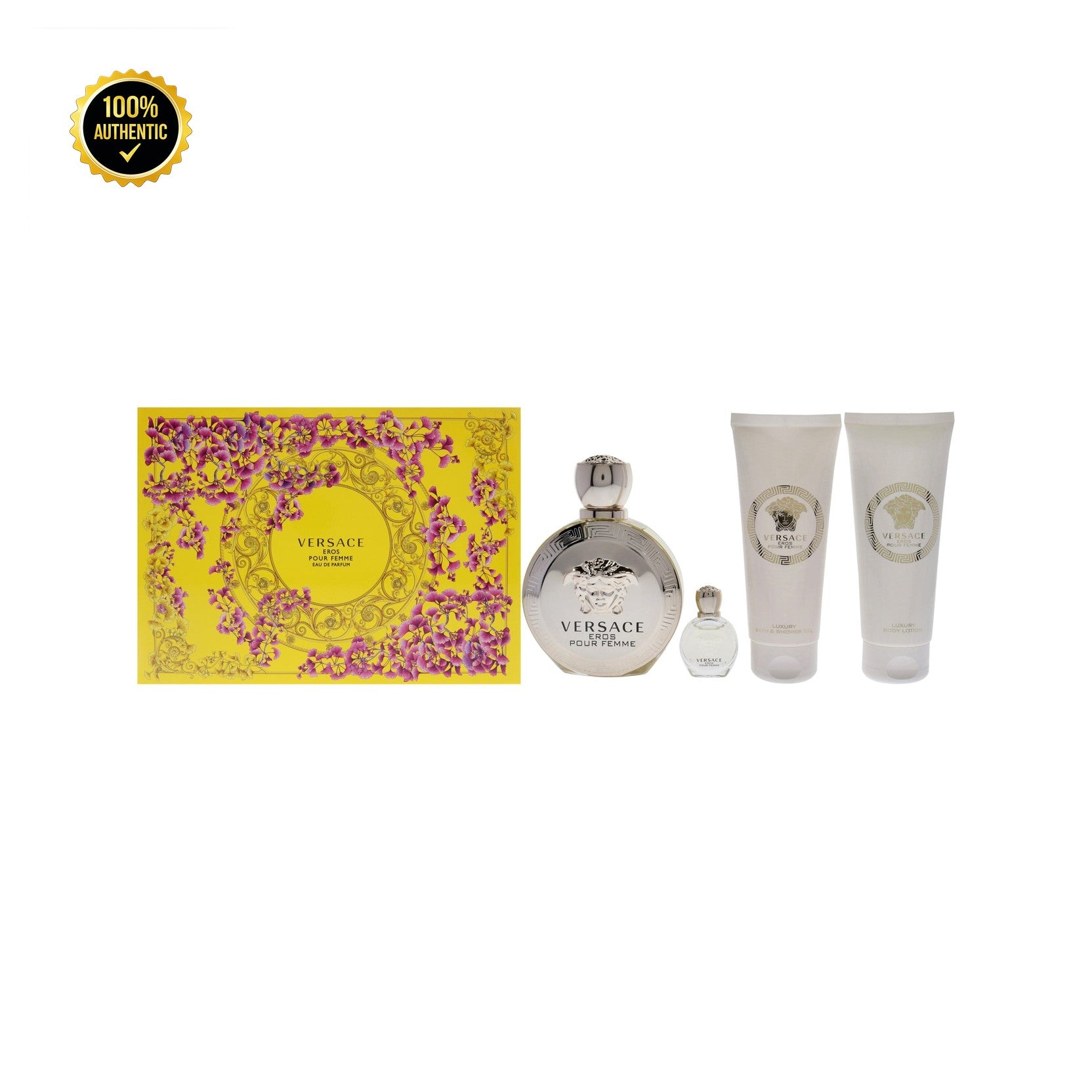 Set W- Versace Eros Femme 4Pc(3.4oz EDP+3.4Sg+3.4Bl+Mini)